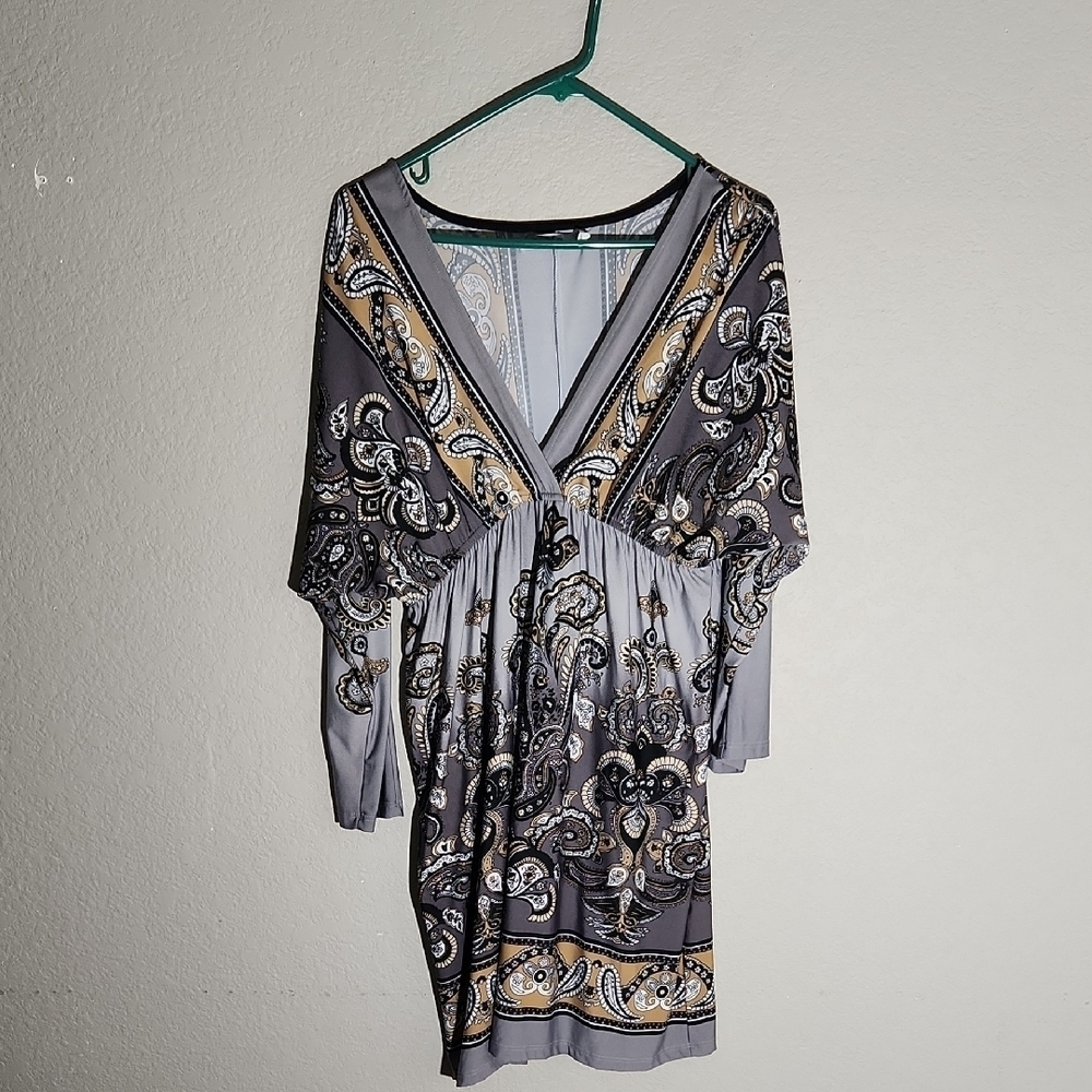 Bailey Blue Dress Womens Size L Paisley Gray Black Tan Gold